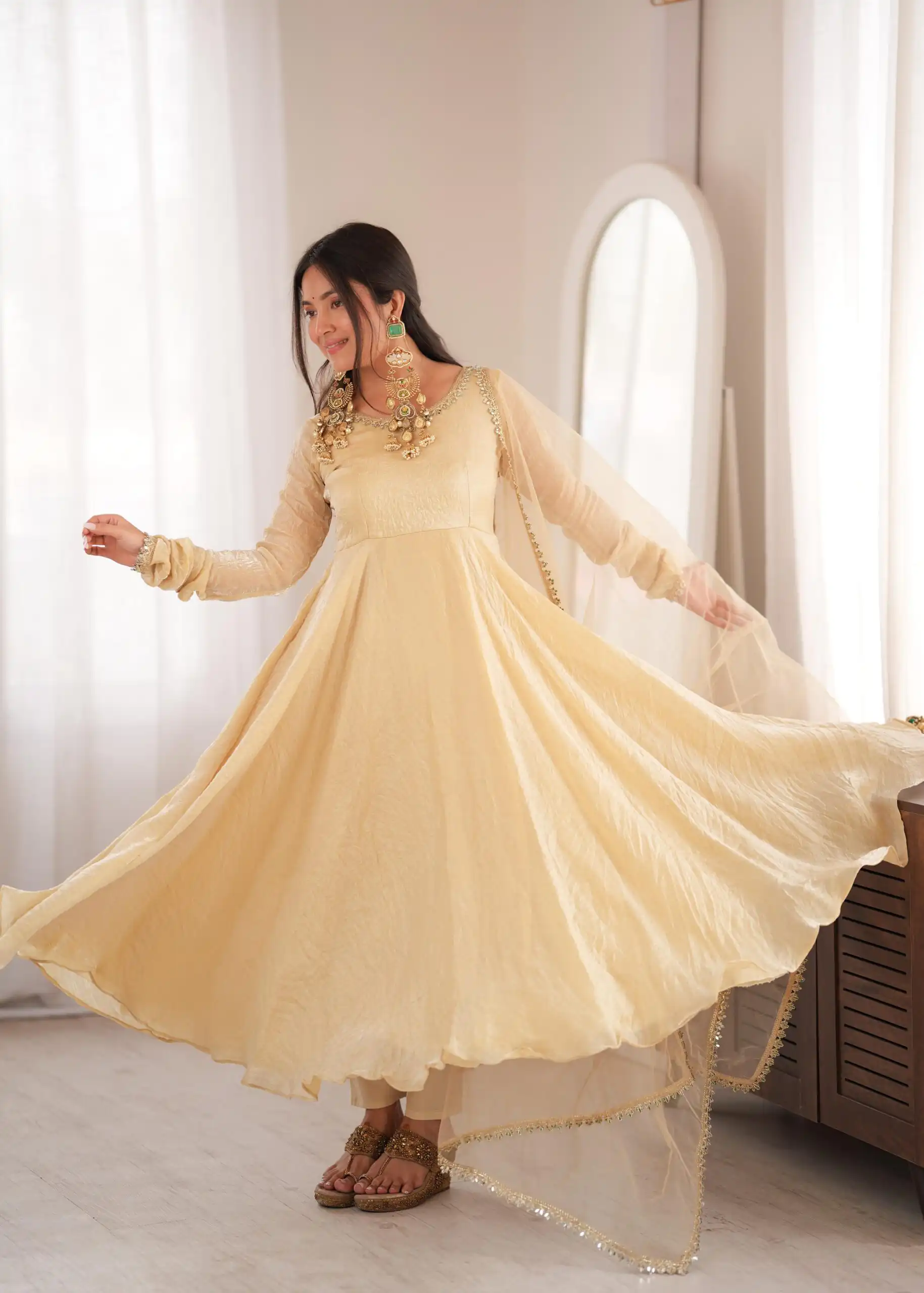 Glowing Off White Doremon Crush Real Mirror Work Gown - Image 13