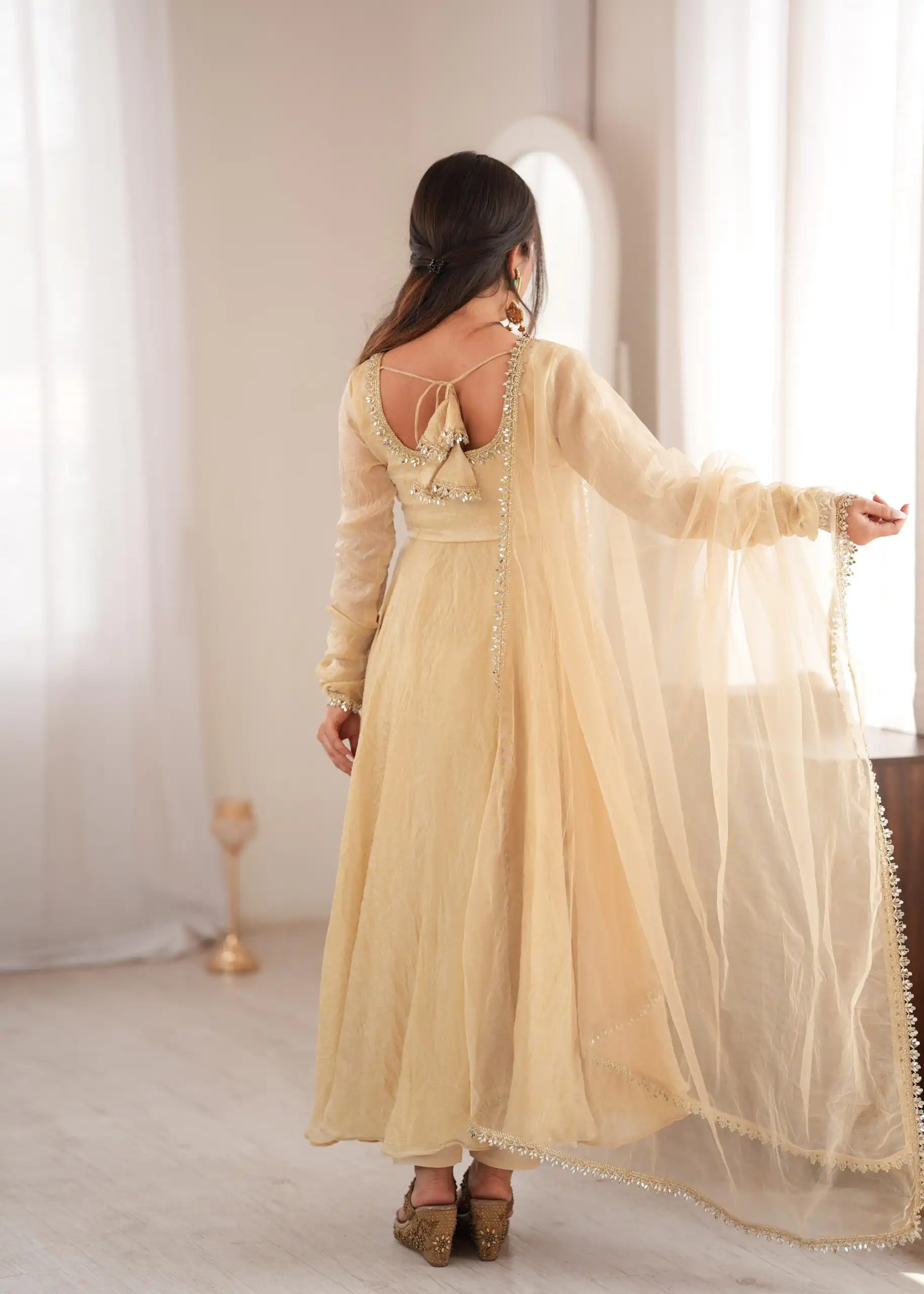 Glowing Off White Doremon Crush Real Mirror Work Gown - Image 14