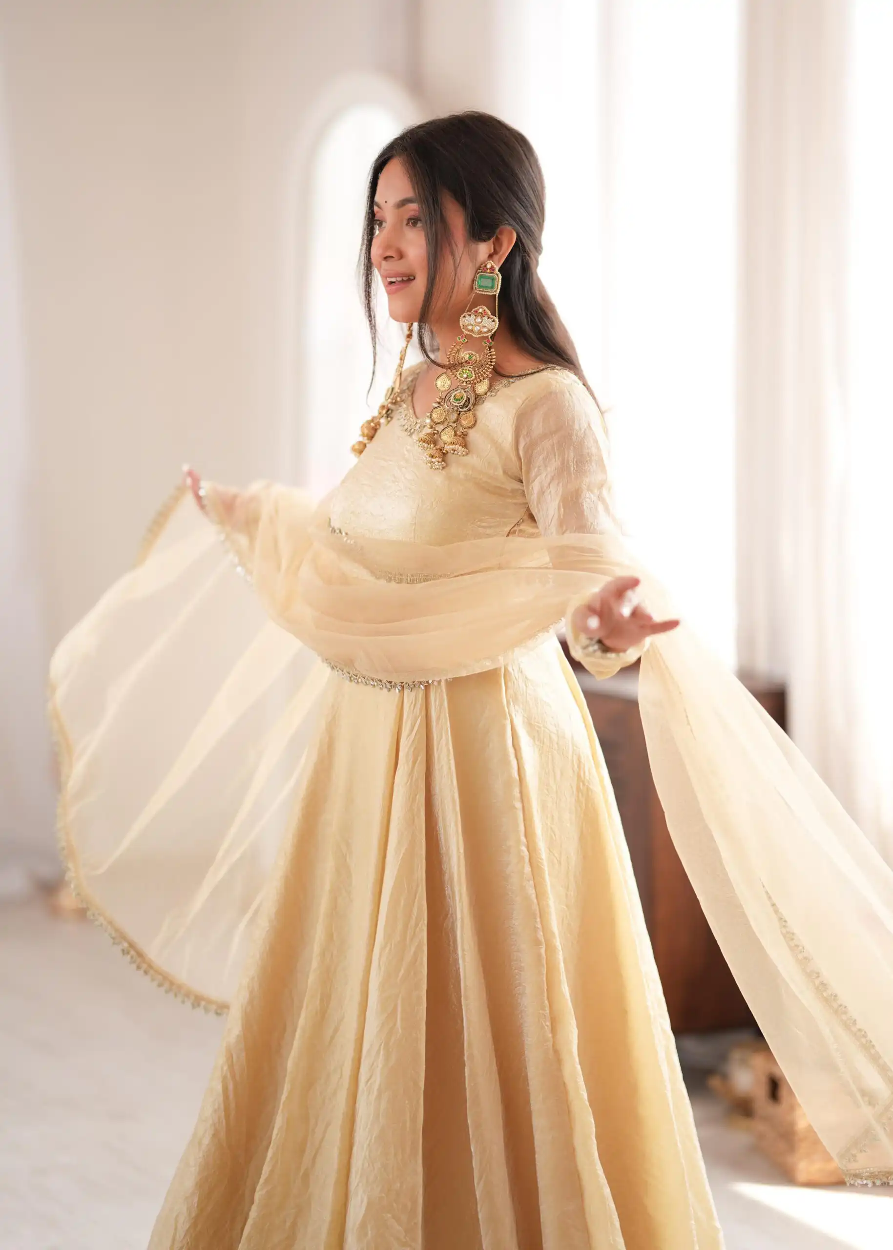 Glowing Off White Doremon Crush Real Mirror Work Gown - Image 15