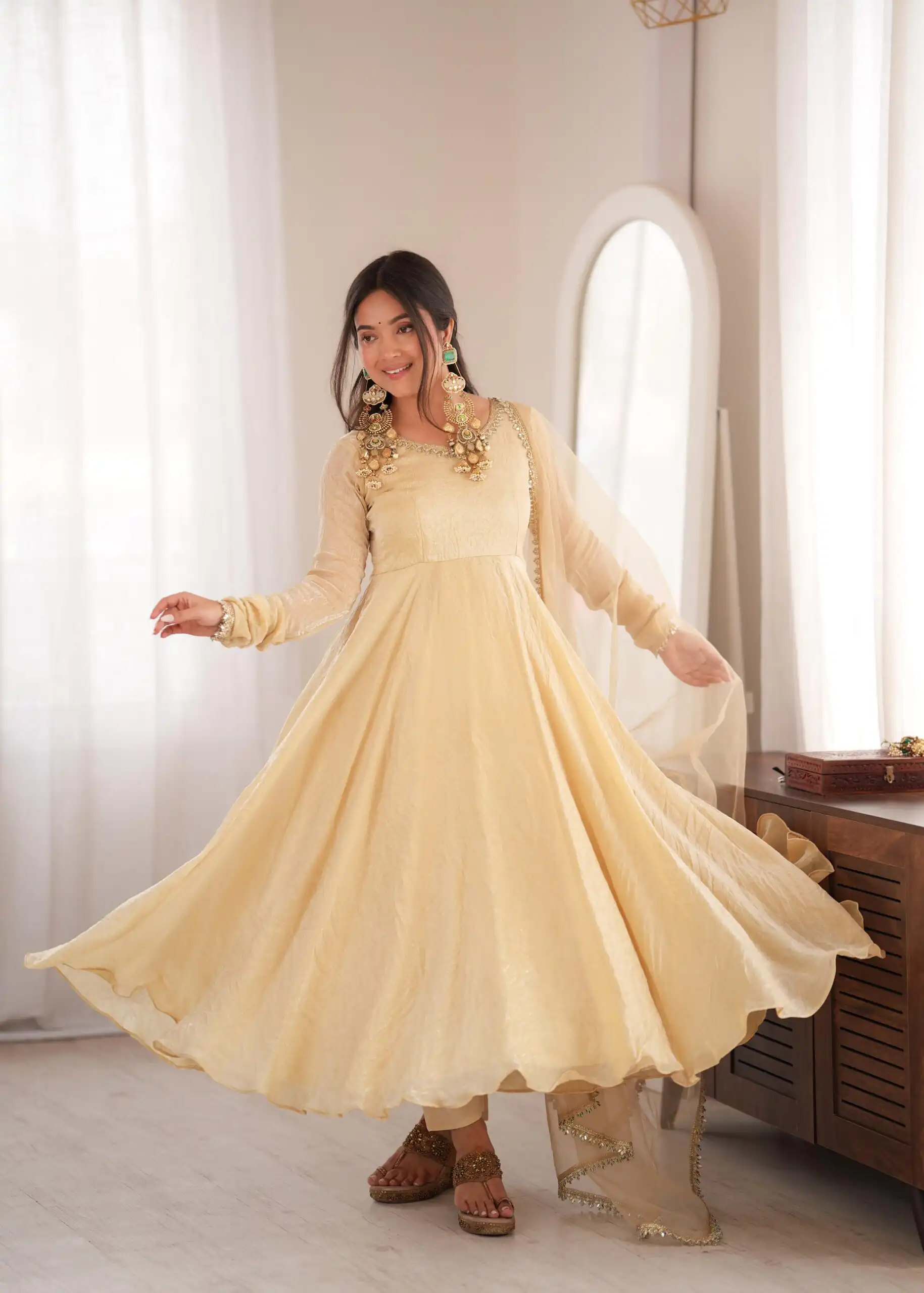 Glowing Off White Doremon Crush Real Mirror Work Gown