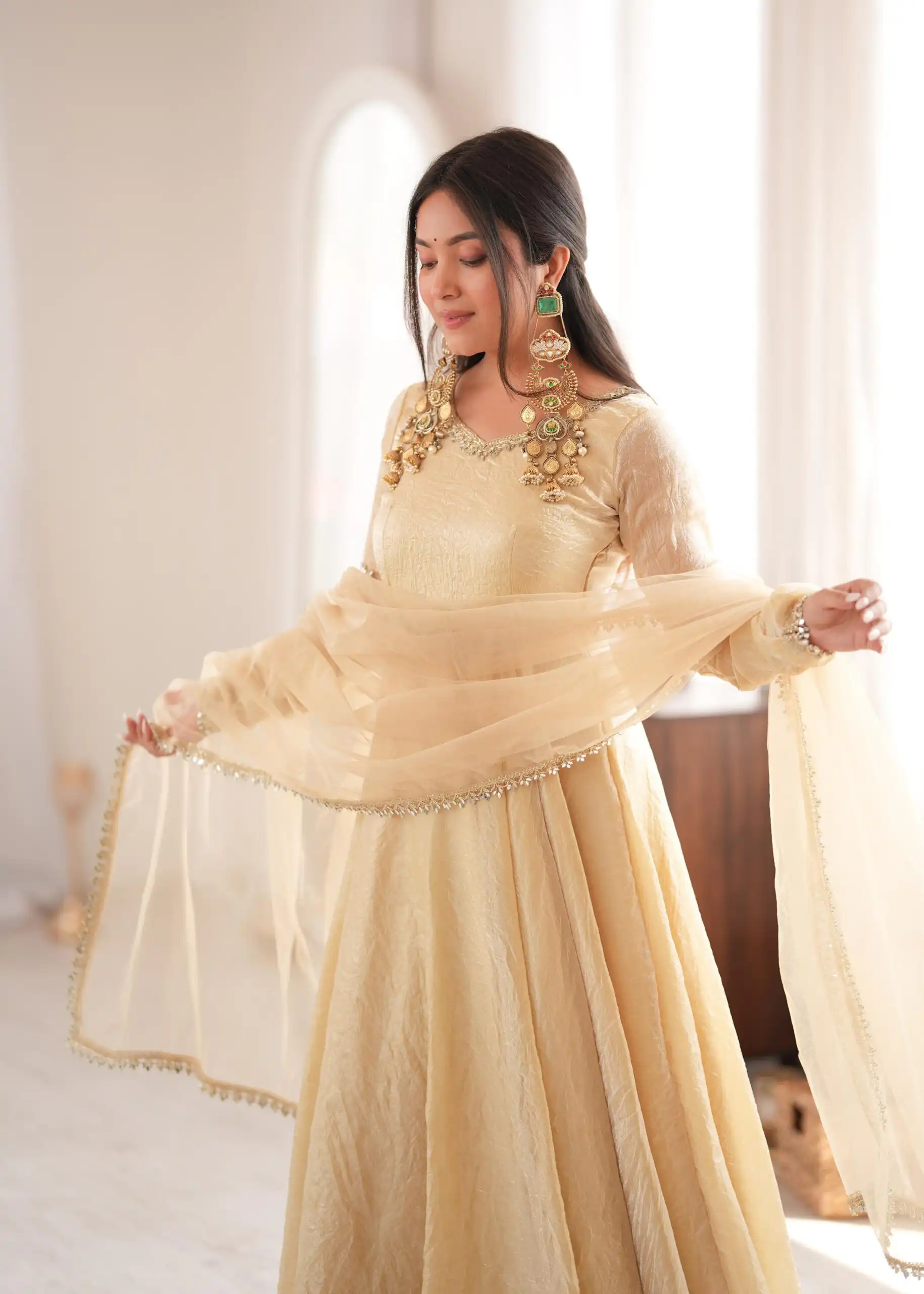 Glowing Off White Doremon Crush Real Mirror Work Gown - Image 3