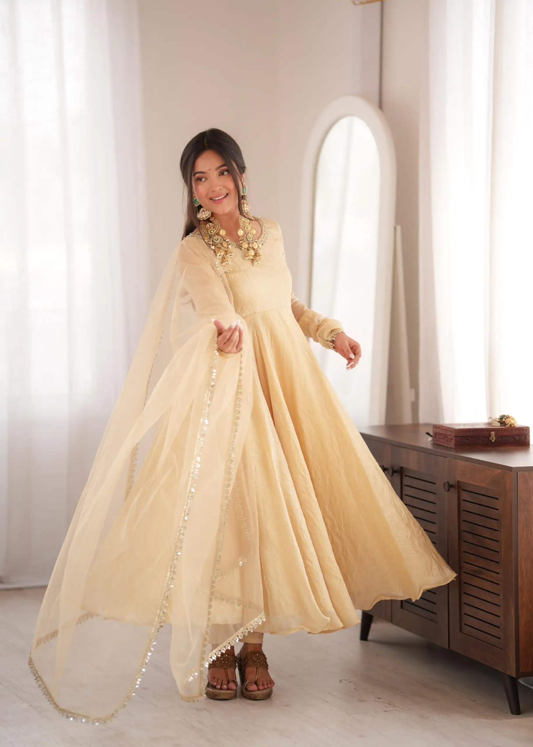 Glowing Off White Doremon Crush Real Mirror Work Gown - Image 5
