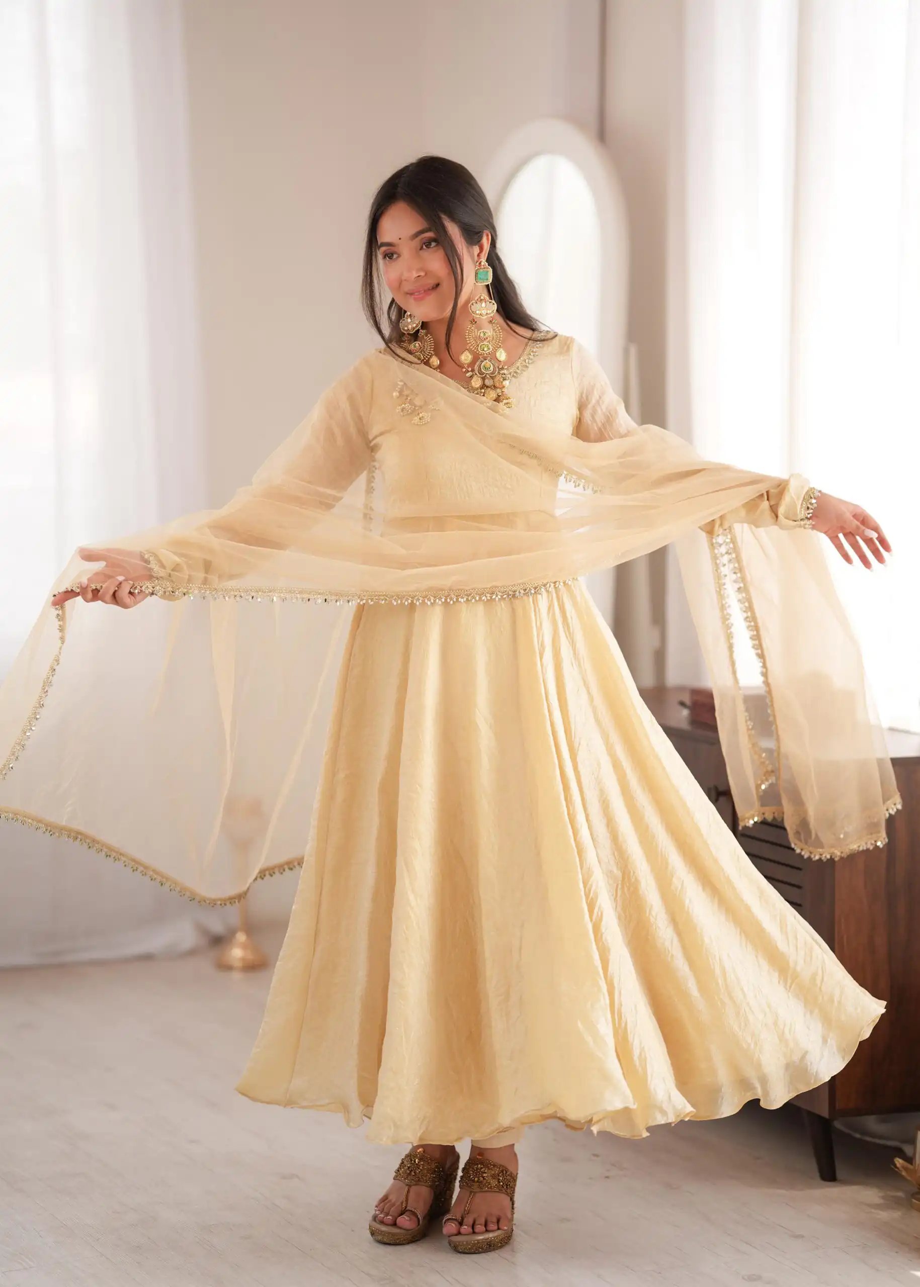 Glowing Off White Doremon Crush Real Mirror Work Gown - Image 6