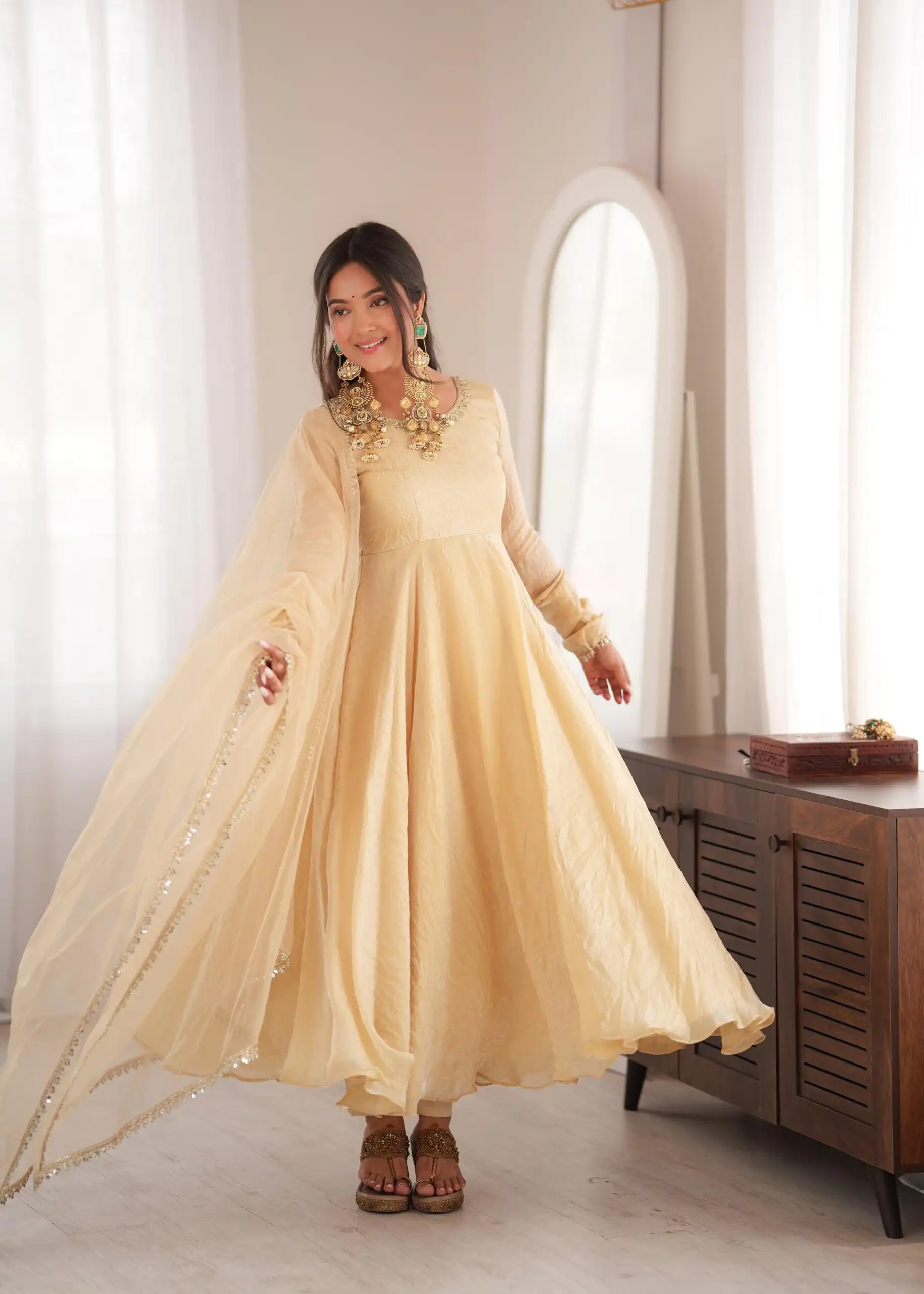 Glowing Off White Doremon Crush Real Mirror Work Gown - Image 7