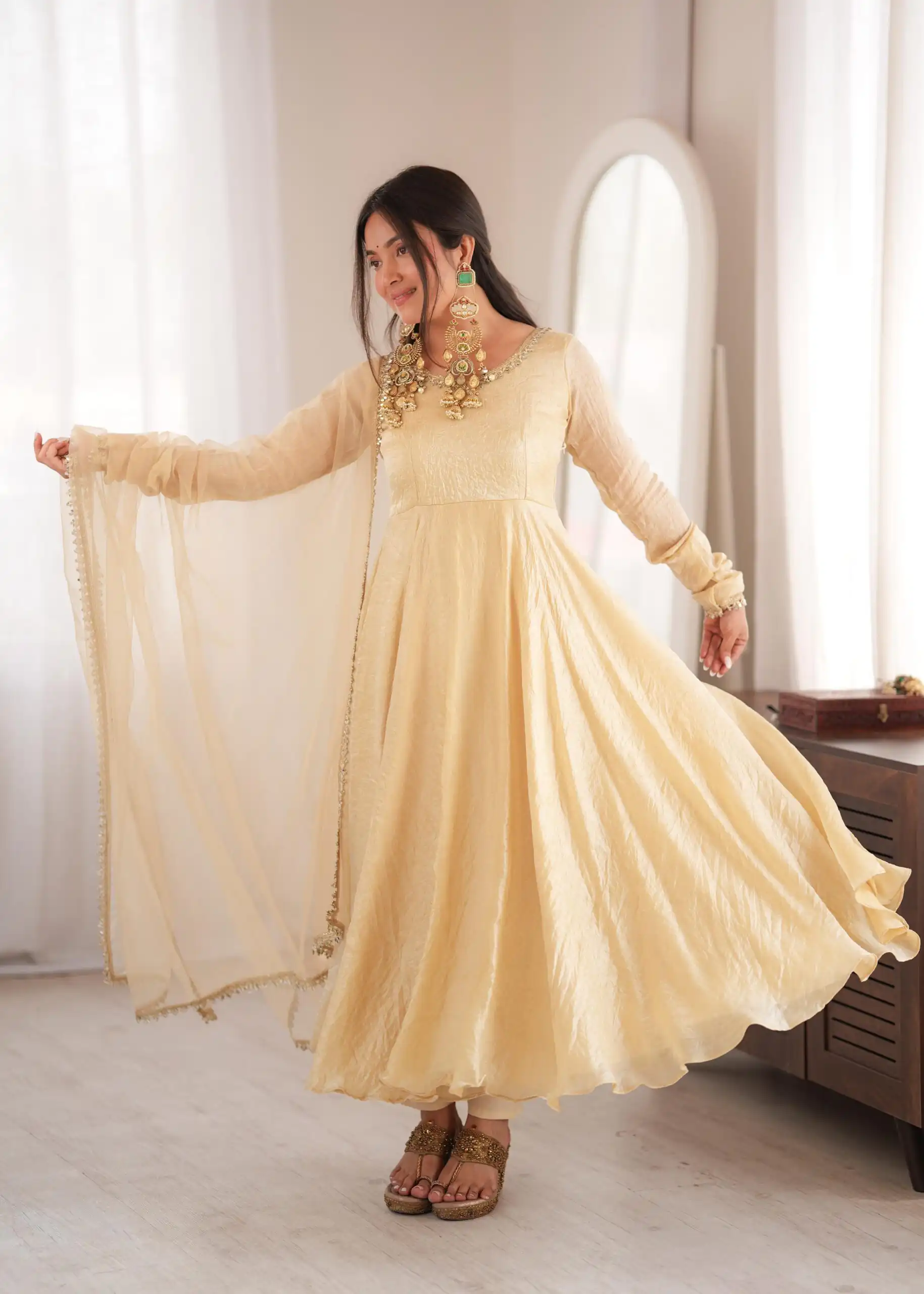 Glowing Off White Doremon Crush Real Mirror Work Gown - Image 8
