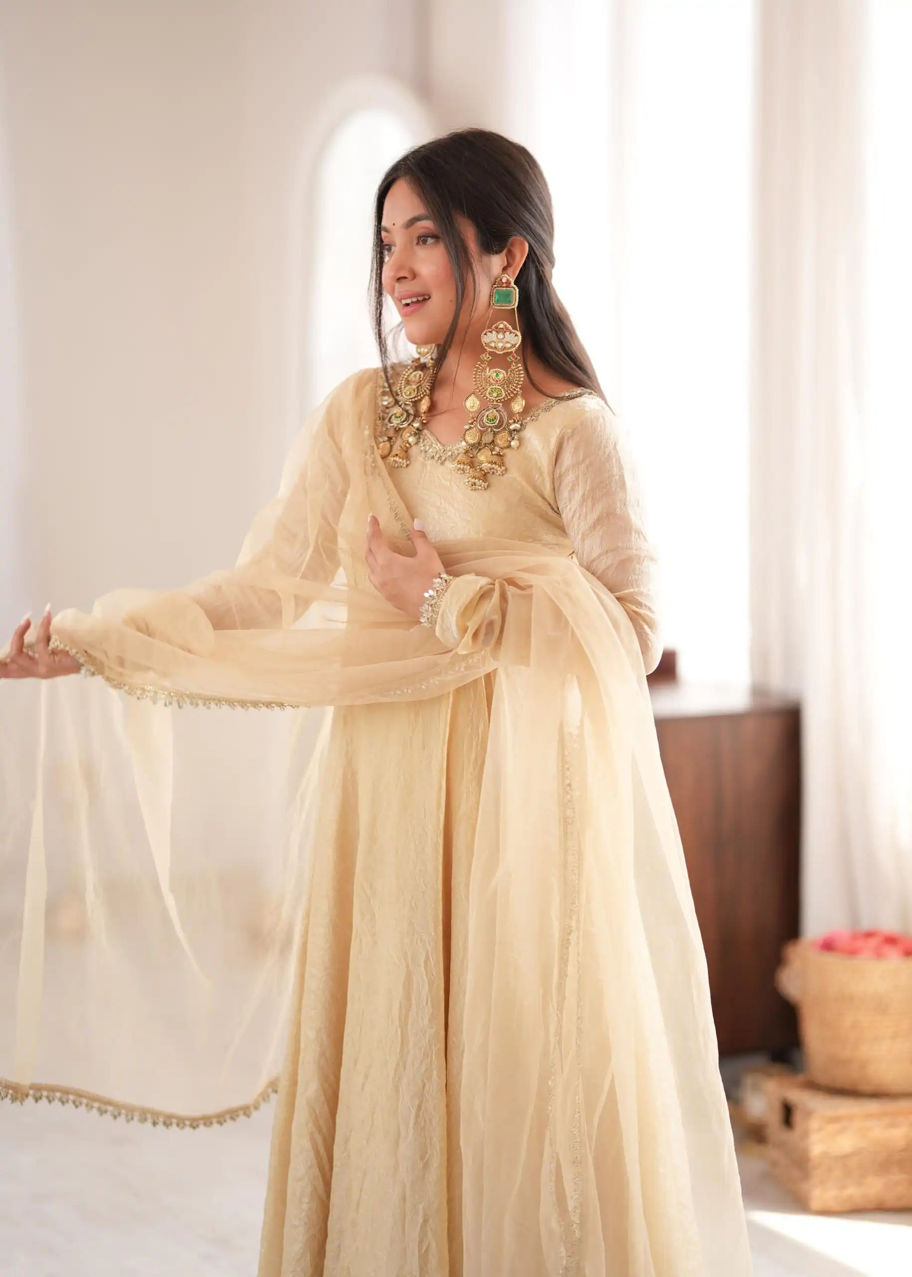 Glowing Off White Doremon Crush Real Mirror Work Gown - Image 9