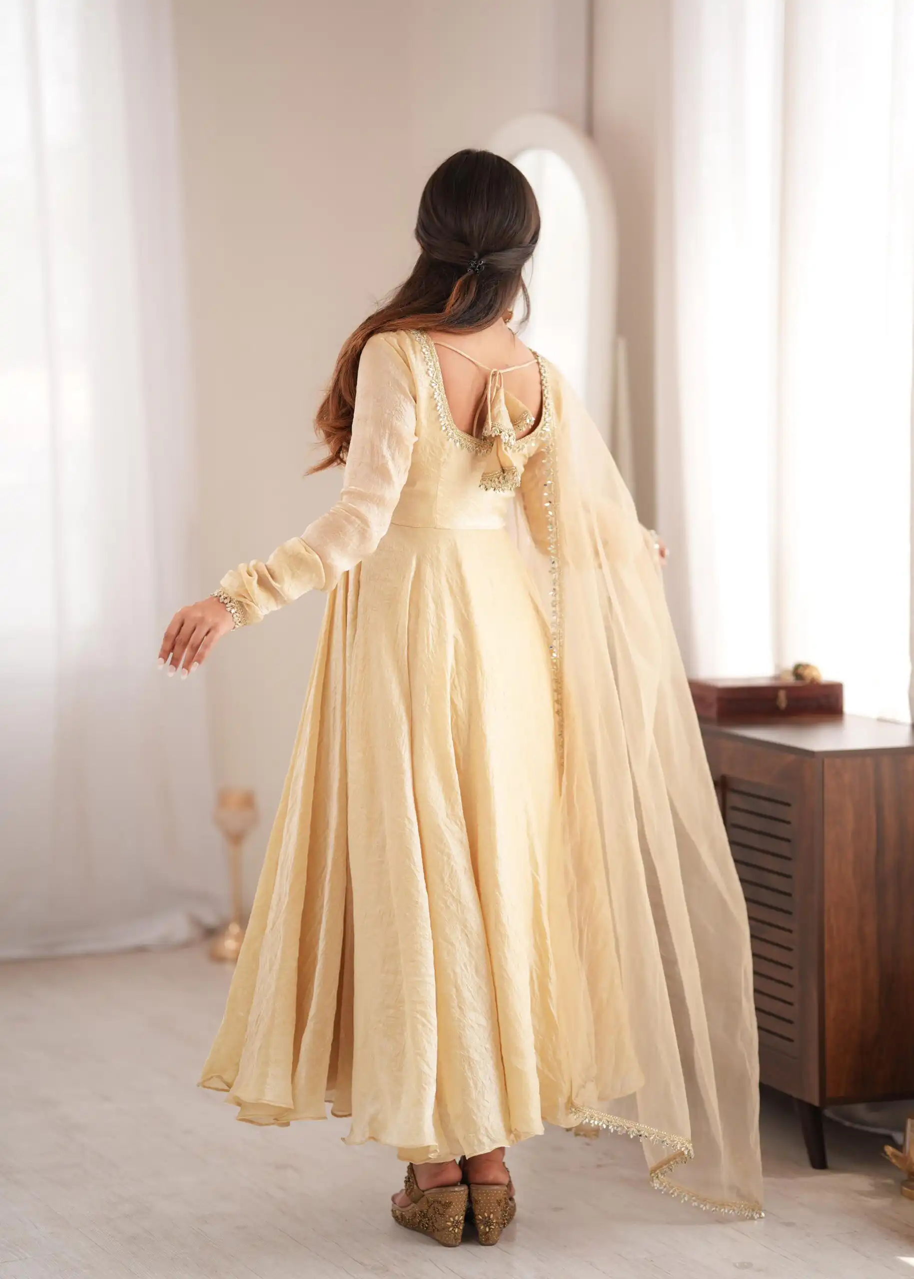 Glowing Off White Doremon Crush Real Mirror Work Gown - Image 10
