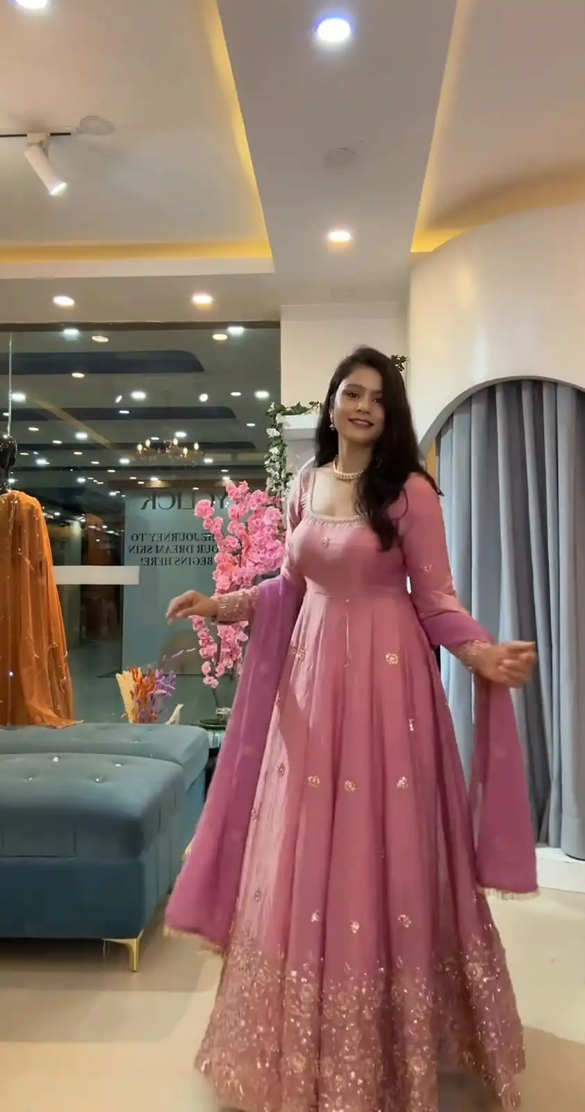 JF 052 Peach Fendy Silk Gown with Sequins Work & Thread Embroidery. Now at just ₹2399. Delivery 4-6 Working Days. Shop now. | Gowns, Bollywood Gowns, Creative Gowns, Designer Gowns, Embroidered Gowns, Party Wear Gowns
