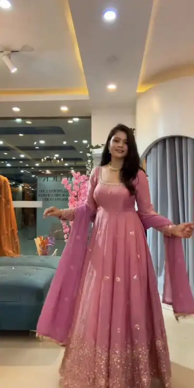 JF 052 Peach Fendy Silk Gown with Sequins Work & Thread Embroidery. Now at just ₹2399. Delivery 4-6 Working Days. Shop now. | Gowns, Bollywood Gowns, Creative Gowns, Designer Gowns, Embroidered Gowns, Party Wear Gowns