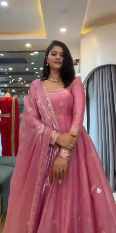 KD 1633 Pink | Pink Fendy Silk Gown with Sequins Work & Thread Embroidery. Now at just ₹2499. Delivery 4-6 Working Days. Shop now. | Gowns, Bollywood Gowns, Creative Gowns, Designer Gowns, Embroidered Gowns, Party Wear Gowns