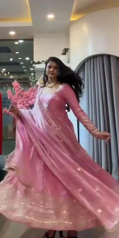 KD 1633 Pink | Pink Fendy Silk Gown with Sequins Work & Thread Embroidery. Now at just ₹2499. Delivery 4-6 Working Days. Shop now. | Gowns, Bollywood Gowns, Creative Gowns, Designer Gowns, Embroidered Gowns, Party Wear Gowns