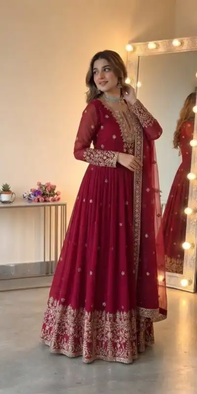 SSR 546 Red in Georgette Embroidery Work & Sequins Work Gown . Get it for ₹2149. Delivery 4-6 Working Days. Online Shop now. | Gowns, Bollywood Gowns, Creative Gowns, Designer Gowns, Embroidered Gowns, Party Wear Gowns