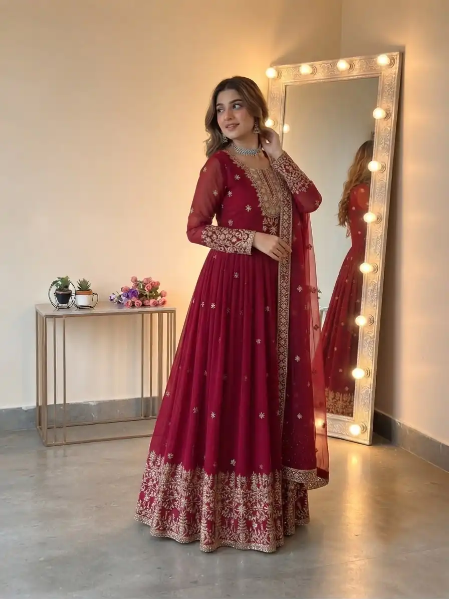 SSR 546 Red in Georgette Embroidery Work & Sequins Work Gown . Get it for ₹2149. Delivery 4-6 Working Days. Online Shop now. | Gowns, Bollywood Gowns, Creative Gowns, Designer Gowns, Embroidered Gowns, Party Wear Gowns