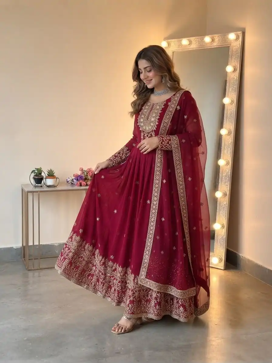 SSR 546 Red in Georgette Embroidery Work & Sequins Work Gown . Get it for ₹2149. Delivery 4-6 Working Days. Online Shop now. | Gowns, Bollywood Gowns, Creative Gowns, Designer Gowns, Embroidered Gowns, Party Wear Gowns
