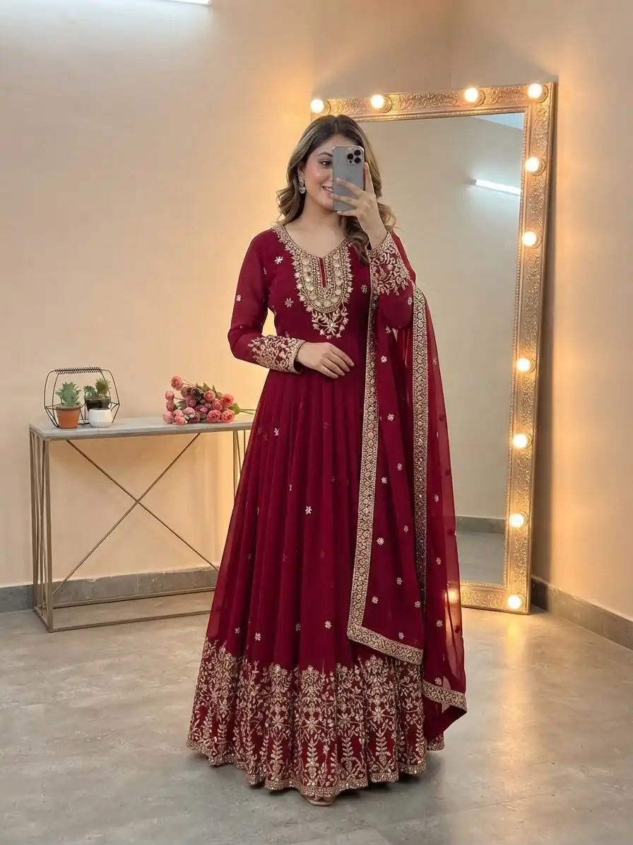 SSR 546 Red in Georgette Embroidery Work & Sequins Work Gown . Get it for ₹2149. Delivery 4-6 Working Days. Online Shop now. | Gowns, Bollywood Gowns, Creative Gowns, Designer Gowns, Embroidered Gowns, Party Wear Gowns