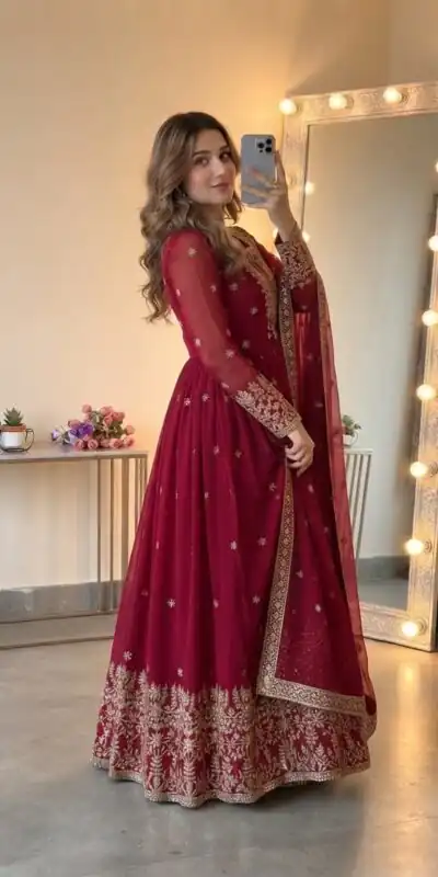 SSR 546 Red in Georgette Embroidery Work & Sequins Work Gown . Get it for ₹2149. Delivery 4-6 Working Days. Online Shop now. | Gowns, Bollywood Gowns, Creative Gowns, Designer Gowns, Embroidered Gowns, Party Wear Gowns