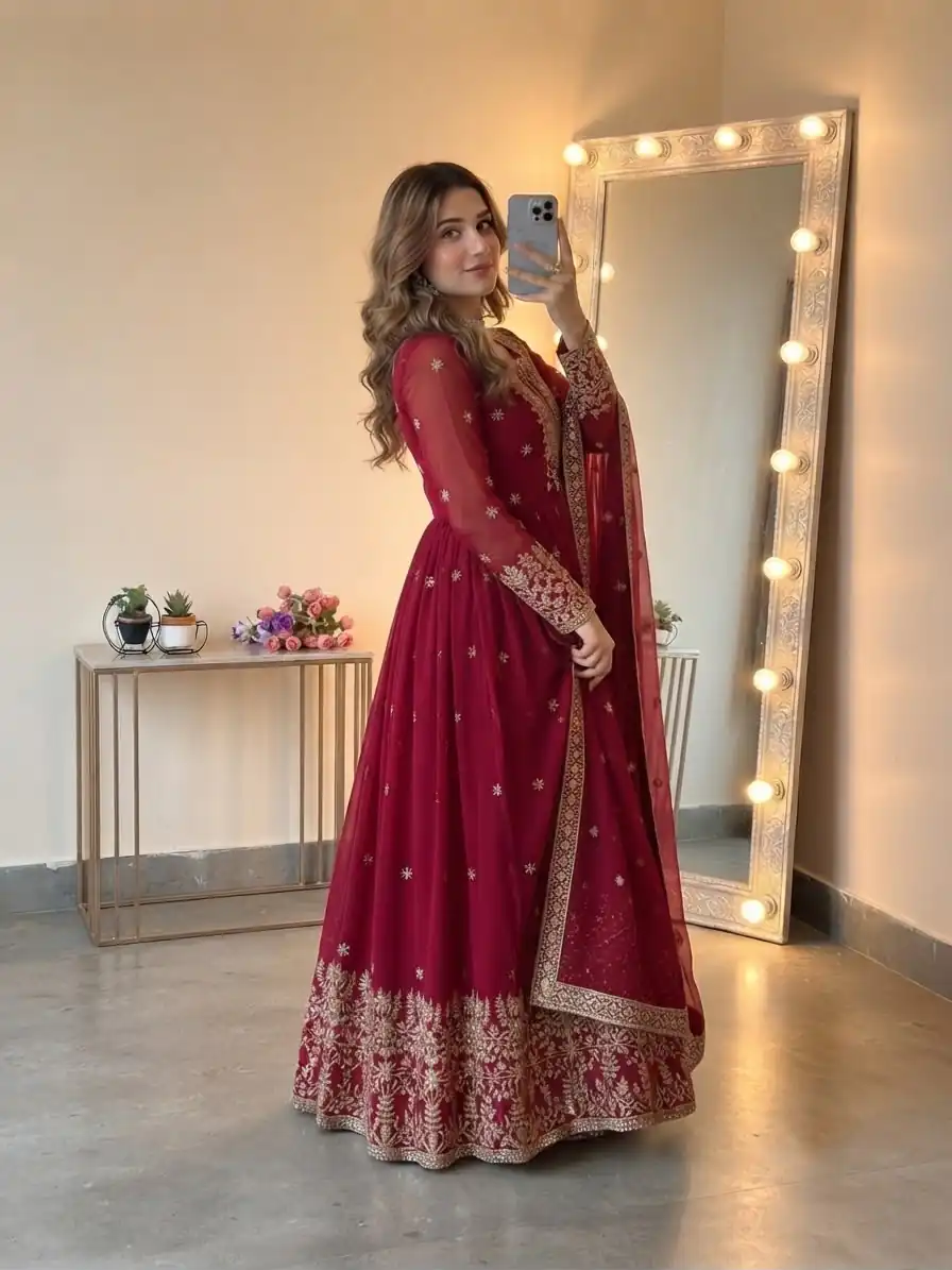 SSR 546 Red in Georgette Embroidery Work & Sequins Work Gown . Get it for ₹2149. Delivery 4-6 Working Days. Online Shop now. | Gowns, Bollywood Gowns, Creative Gowns, Designer Gowns, Embroidered Gowns, Party Wear Gowns