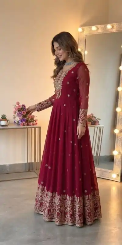 SSR 546 Red in Georgette Embroidery Work & Sequins Work Gown . Get it for ₹2149. Delivery 4-6 Working Days. Online Shop now. | Gowns, Bollywood Gowns, Creative Gowns, Designer Gowns, Embroidered Gowns, Party Wear Gowns