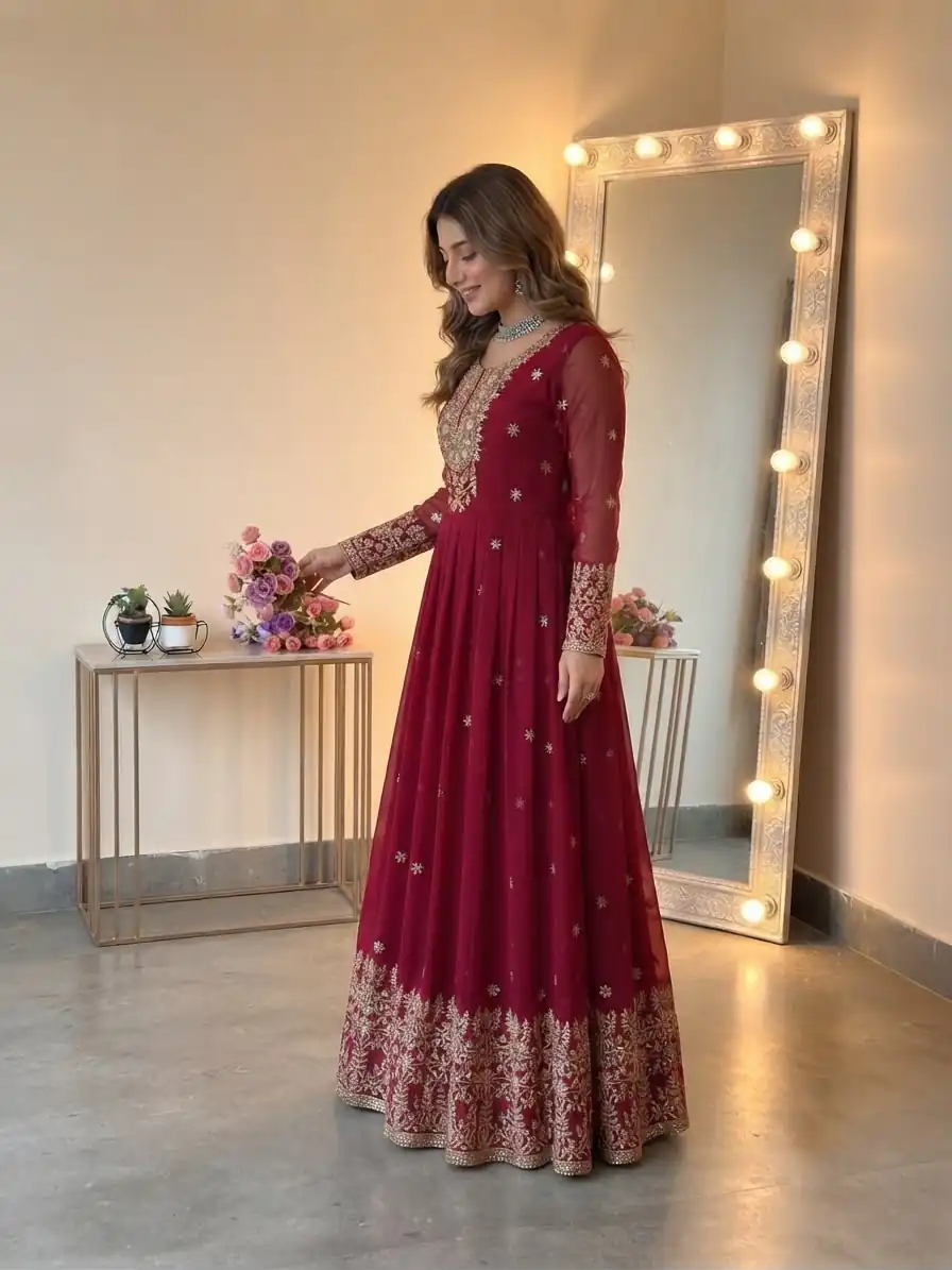 SSR 546 Red in Georgette Embroidery Work & Sequins Work Gown . Get it for ₹2149. Delivery 4-6 Working Days. Online Shop now. | Gowns, Bollywood Gowns, Creative Gowns, Designer Gowns, Embroidered Gowns, Party Wear Gowns