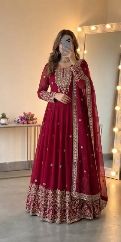 SSR 546 Red in Georgette Embroidery Work & Sequins Work Gown . Get it for ₹2149. Delivery 4-6 Working Days. Online Shop now. | Gowns, Bollywood Gowns, Creative Gowns, Designer Gowns, Embroidered Gowns, Party Wear Gowns