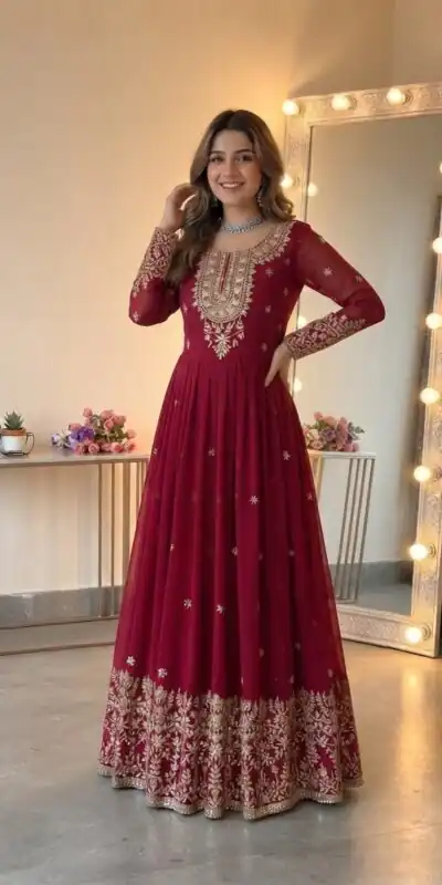 SSR 546 Red in Georgette Embroidery Work & Sequins Work Gown . Get it for ₹2149. Delivery 4-6 Working Days. Online Shop now. | Gowns, Bollywood Gowns, Creative Gowns, Designer Gowns, Embroidered Gowns, Party Wear Gowns
