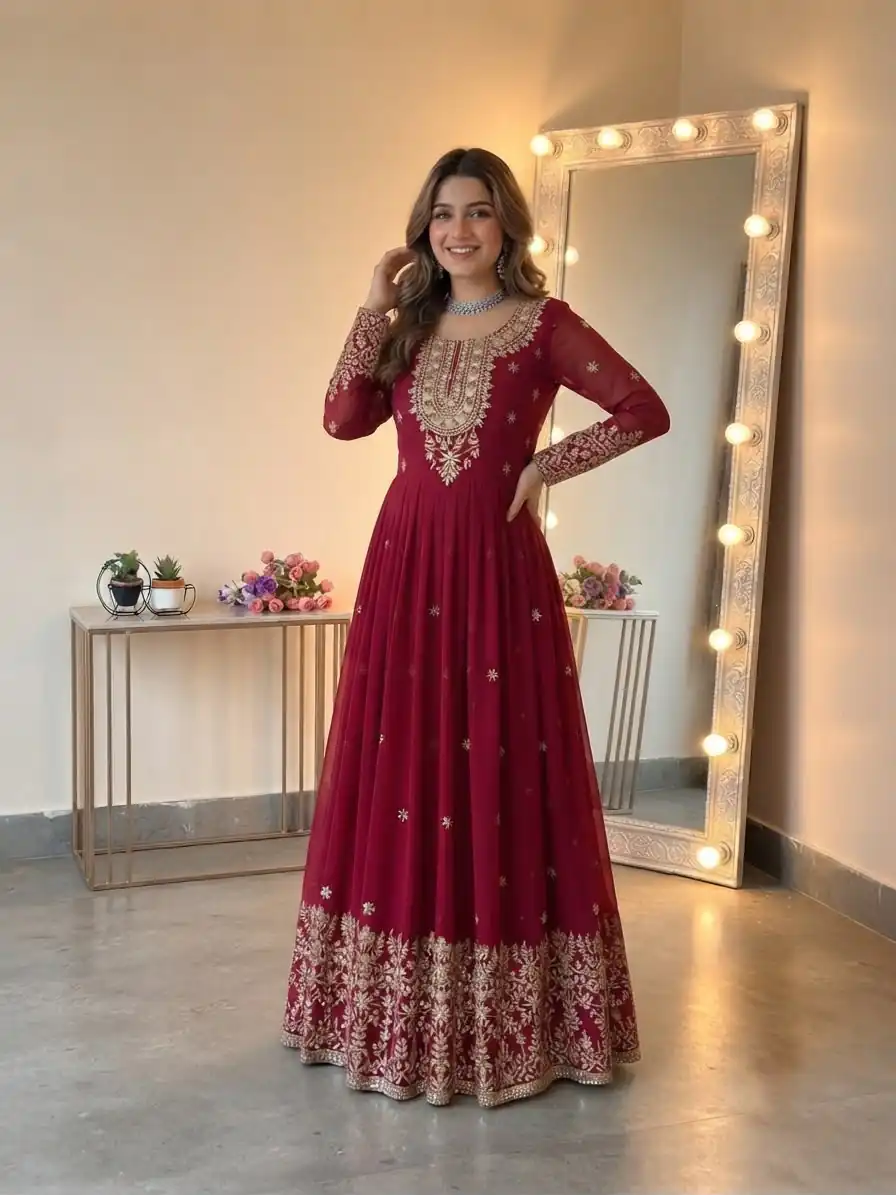SSR 546 Red in Georgette Embroidery Work & Sequins Work Gown . Get it for ₹2149. Delivery 4-6 Working Days. Online Shop now. | Gowns, Bollywood Gowns, Creative Gowns, Designer Gowns, Embroidered Gowns, Party Wear Gowns