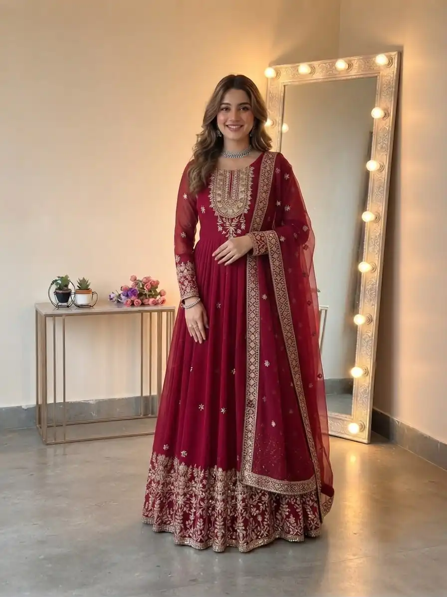 SSR 546 Red in Georgette Embroidery Work & Sequins Work Gown . Get it for ₹2149. Delivery 4-6 Working Days. Online Shop now. | Gowns, Bollywood Gowns, Creative Gowns, Designer Gowns, Embroidered Gowns, Party Wear Gowns
