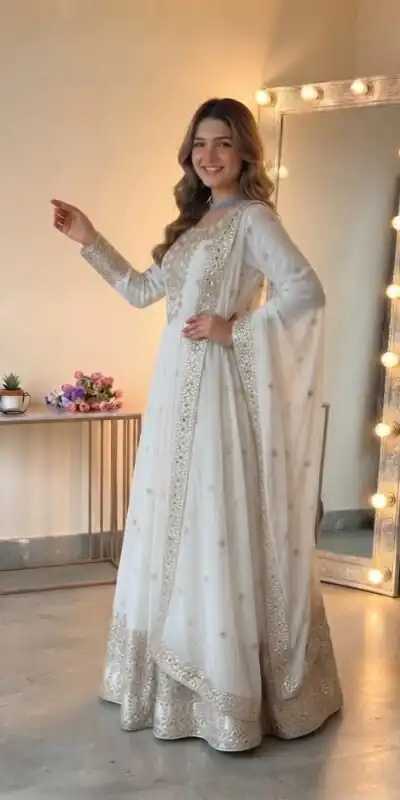 SSR 546 White in Georgette Embroidery Work & Sequins Work Gown . Get it for ₹2149. Delivery 4-6 Working Days. Online Shop now. | Gowns, Bollywood Gowns, Creative Gowns, Designer Gowns, Embroidered Gowns, Party Wear Gowns