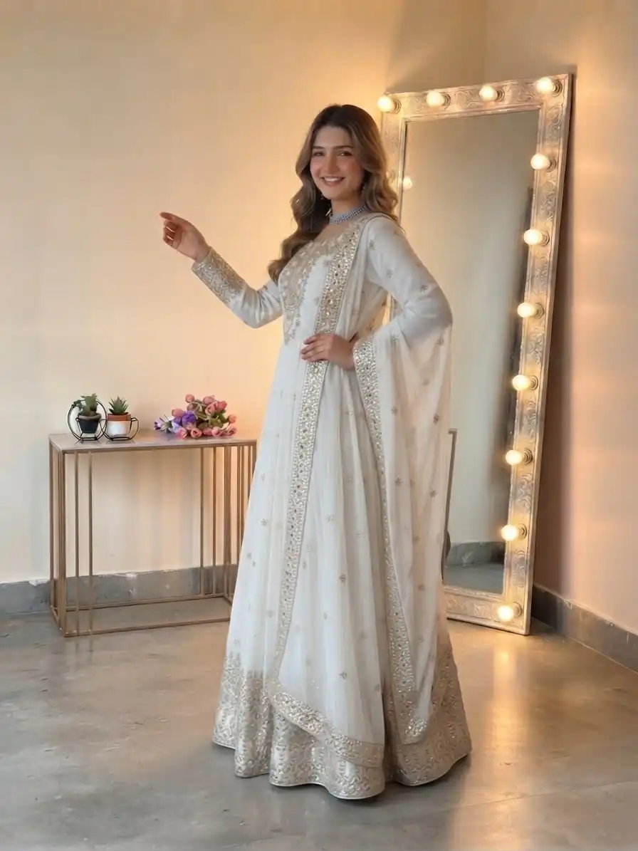 SSR 546 White in Georgette Embroidery Work & Sequins Work Gown . Get it for ₹2149. Delivery 4-6 Working Days. Online Shop now. | Gowns, Bollywood Gowns, Creative Gowns, Designer Gowns, Embroidered Gowns, Party Wear Gowns