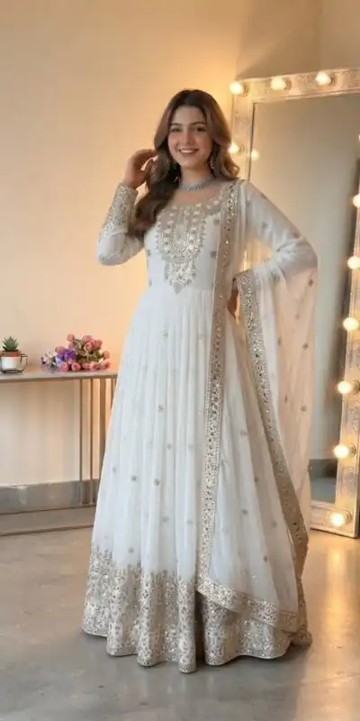 SSR 546 White in Georgette Embroidery Work & Sequins Work Gown . Get it for ₹2149. Delivery 4-6 Working Days. Online Shop now. | Gowns, Bollywood Gowns, Creative Gowns, Designer Gowns, Embroidered Gowns, Party Wear Gowns