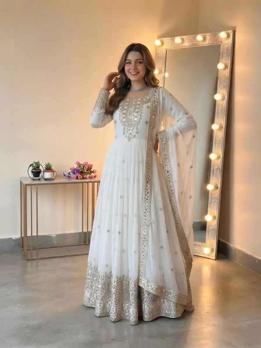 SSR 546 White in Georgette Embroidery Work & Sequins Work Gown . Get it for ₹2149. Delivery 4-6 Working Days. Online Shop now. | Gowns, Bollywood Gowns, Creative Gowns, Designer Gowns, Embroidered Gowns, Party Wear Gowns