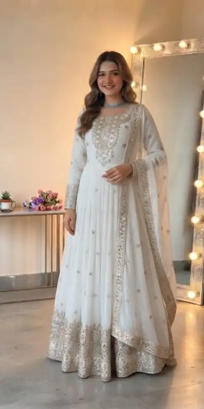 SSR 546 White in Georgette Embroidery Work & Sequins Work Gown . Get it for ₹2149. Delivery 4-6 Working Days. Online Shop now. | Gowns, Bollywood Gowns, Creative Gowns, Designer Gowns, Embroidered Gowns, Party Wear Gowns