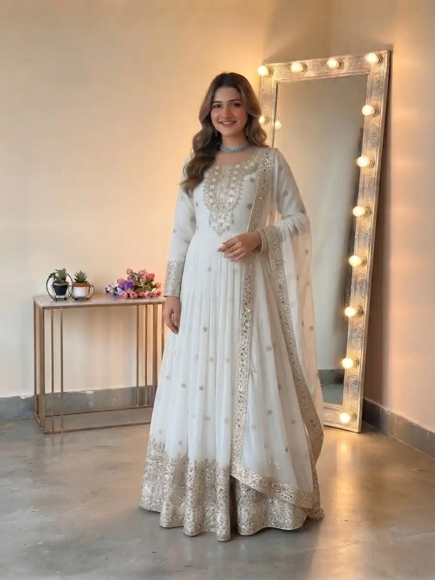 SSR 546 White in Georgette Embroidery Work & Sequins Work Gown . Get it for ₹2149. Delivery 4-6 Working Days. Online Shop now. | Gowns, Bollywood Gowns, Creative Gowns, Designer Gowns, Embroidered Gowns, Party Wear Gowns
