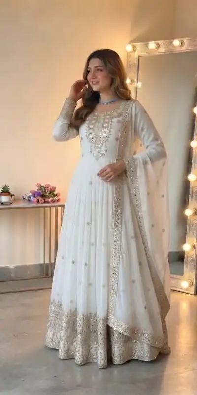 SSR 546 White in Georgette Embroidery Work & Sequins Work Gown . Get it for ₹2149. Delivery 4-6 Working Days. Online Shop now. | Gowns, Bollywood Gowns, Creative Gowns, Designer Gowns, Embroidered Gowns, Party Wear Gowns