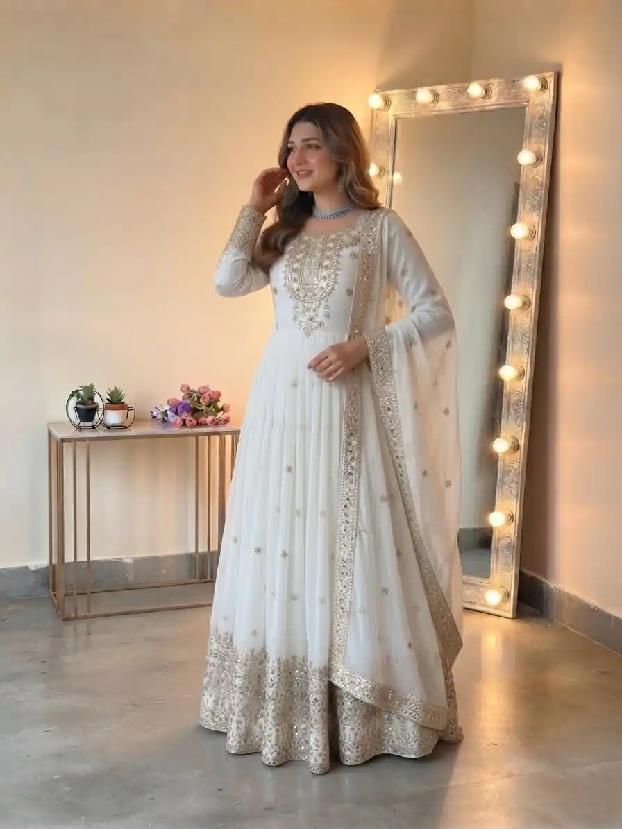 SSR 546 White in Georgette Embroidery Work & Sequins Work Gown . Get it for ₹2149. Delivery 4-6 Working Days. Online Shop now. | Gowns, Bollywood Gowns, Creative Gowns, Designer Gowns, Embroidered Gowns, Party Wear Gowns