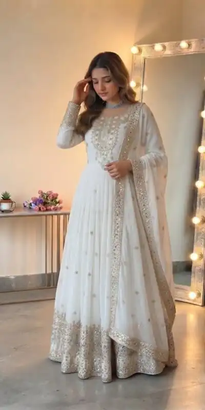 SSR 546 White in Georgette Embroidery Work & Sequins Work Gown . Get it for ₹2149. Delivery 4-6 Working Days. Online Shop now. | Gowns, Bollywood Gowns, Creative Gowns, Designer Gowns, Embroidered Gowns, Party Wear Gowns