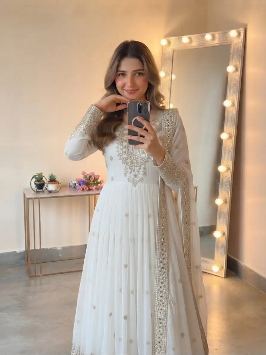 SSR 546 White in Georgette Embroidery Work & Sequins Work Gown . Get it for ₹2149. Delivery 4-6 Working Days. Online Shop now. | Gowns, Bollywood Gowns, Creative Gowns, Designer Gowns, Embroidered Gowns, Party Wear Gowns