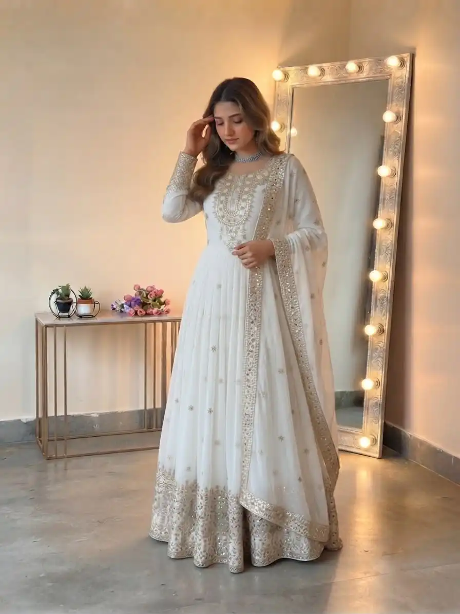 SSR 546 White in Georgette Embroidery Work & Sequins Work Gown . Get it for ₹2149. Delivery 4-6 Working Days. Online Shop now. | Gowns, Bollywood Gowns, Creative Gowns, Designer Gowns, Embroidered Gowns, Party Wear Gowns