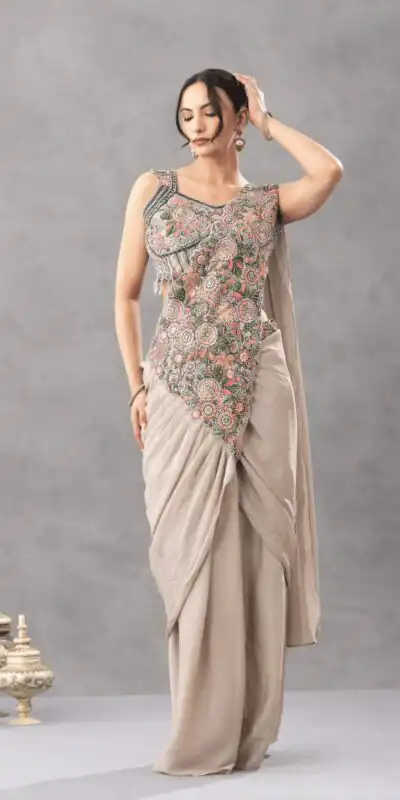 ST 1180 Chiku in Chiku Chinon. Embroidery Work Gorgeous Saree Wedding, Party, Festive, Events, Grab it for ₹1899. Delivery 4-6 Working Days. Shop now. | Sarees, Bollywood Sarees, Creative Sarees, Designer Sarees, Embroidered Sarees, Ethnic Saree, Modern Digital sarees, Party Wear Sarees