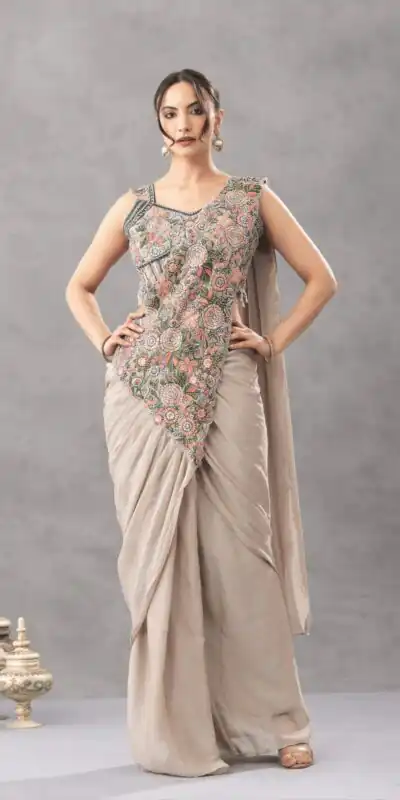 ST 1180 Chiku in Chiku Chinon. Embroidery Work Gorgeous Saree Wedding, Party, Festive, Events, Grab it for ₹1899. Delivery 4-6 Working Days. Shop now. | Sarees, Bollywood Sarees, Creative Sarees, Designer Sarees, Embroidered Sarees, Ethnic Saree, Modern Digital sarees, Party Wear Sarees