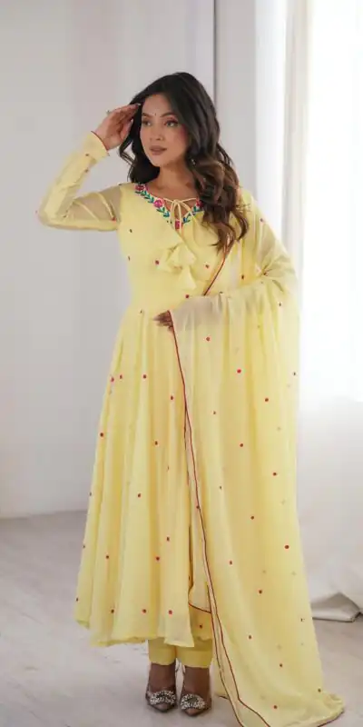 SP 82 Yellow in Heavy Faux Georgette Embroidery Work Salwar Suit . Introductory Price ā¹1999. Delivery 4-6 Working Days. Shop now. | Anarkali Suits, Bollywood Anarkali, Creative-Anarkali, Designer Anarkali, Embroidered Anarkali, Party Wear Anarkali