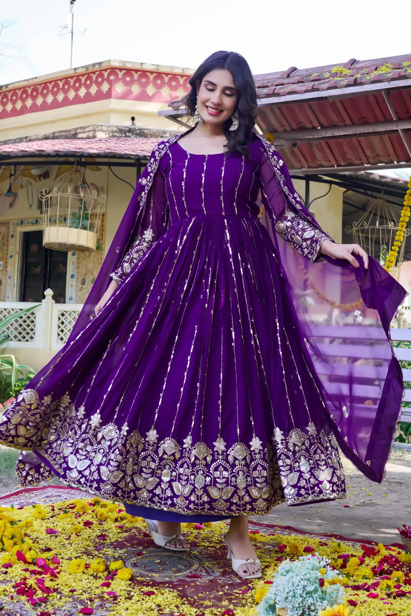 Ram 170 | Purple Fox Georgette Gown with Embroidery Work & Sequins Work. Available at ₹2149 only. Delivery 4-6 Working Days. Shop now. | Gowns, Bollywood Gowns, Creative Gowns, Designer Gowns, Embroidered Gowns, Party Wear Gowns
