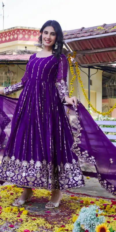 Ram 170 | Purple Fox Georgette Gown with Embroidery Work & Sequins Work. Available at ₹2149 only. Delivery 4-6 Working Days. Shop now. | Gowns, Bollywood Gowns, Creative Gowns, Designer Gowns, Embroidered Gowns, Party Wear Gowns