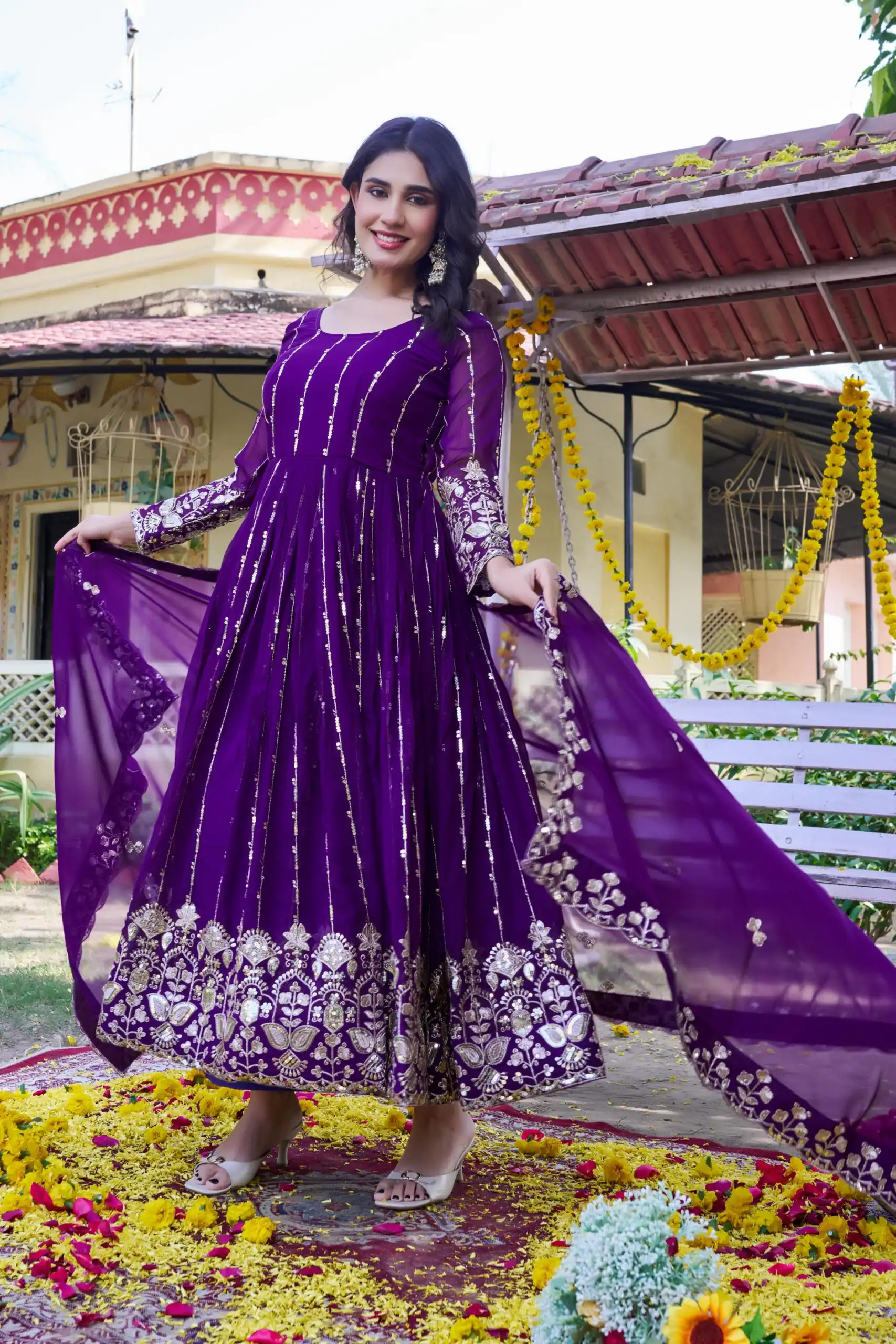 Ram 170 | Purple Fox Georgette Gown with Embroidery Work & Sequins Work. Available at ₹2149 only. Delivery 4-6 Working Days. Shop now. | Gowns, Bollywood Gowns, Creative Gowns, Designer Gowns, Embroidered Gowns, Party Wear Gowns