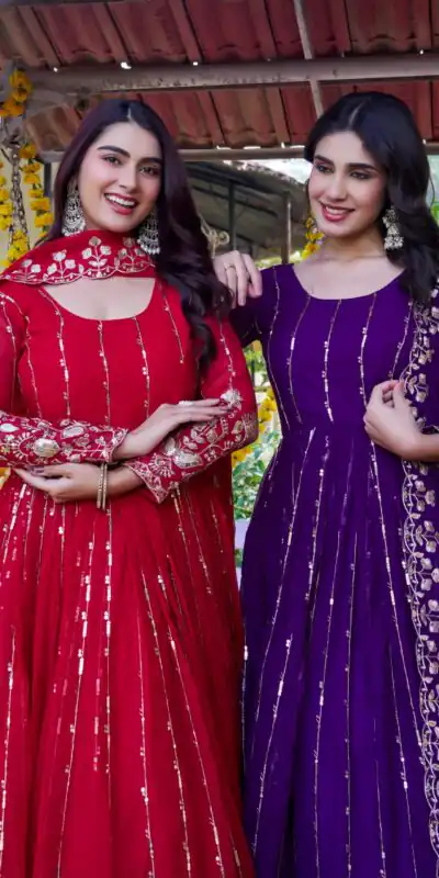 Ram 170 | Purple Fox Georgette Gown with Embroidery Work & Sequins Work. Available at ₹2149 only. Delivery 4-6 Working Days. Shop now. | Gowns, Bollywood Gowns, Creative Gowns, Designer Gowns, Embroidered Gowns, Party Wear Gowns