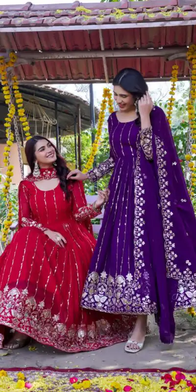 Ram 170 | Purple Fox Georgette Gown with Embroidery Work & Sequins Work. Available at ₹2149 only. Delivery 4-6 Working Days. Shop now. | Gowns, Bollywood Gowns, Creative Gowns, Designer Gowns, Embroidered Gowns, Party Wear Gowns
