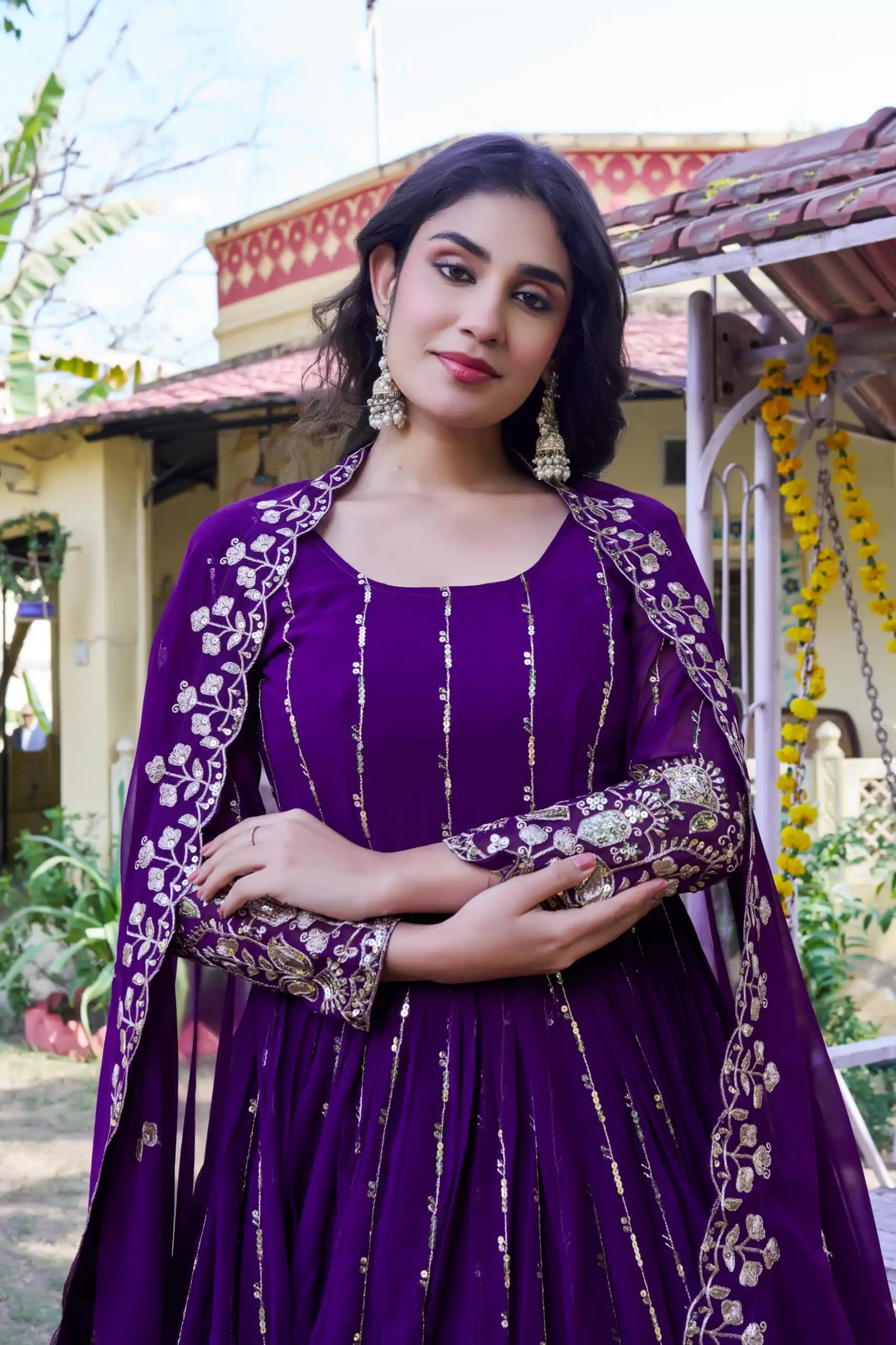 Ram 170 | Purple Fox Georgette Gown with Embroidery Work & Sequins Work. Available at ₹2149 only. Delivery 4-6 Working Days. Shop now. | Gowns, Bollywood Gowns, Creative Gowns, Designer Gowns, Embroidered Gowns, Party Wear Gowns