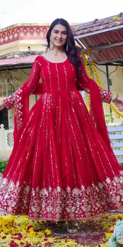 Ram 170 | Red Fox Georgette Gown with Embroidery Work & Sequins Work. Available at ₹2149 only. Delivery 4-6 Working Days. Shop now. | Gowns, Bollywood Gowns, Creative Gowns, Designer Gowns, Embroidered Gowns, Party Wear Gowns