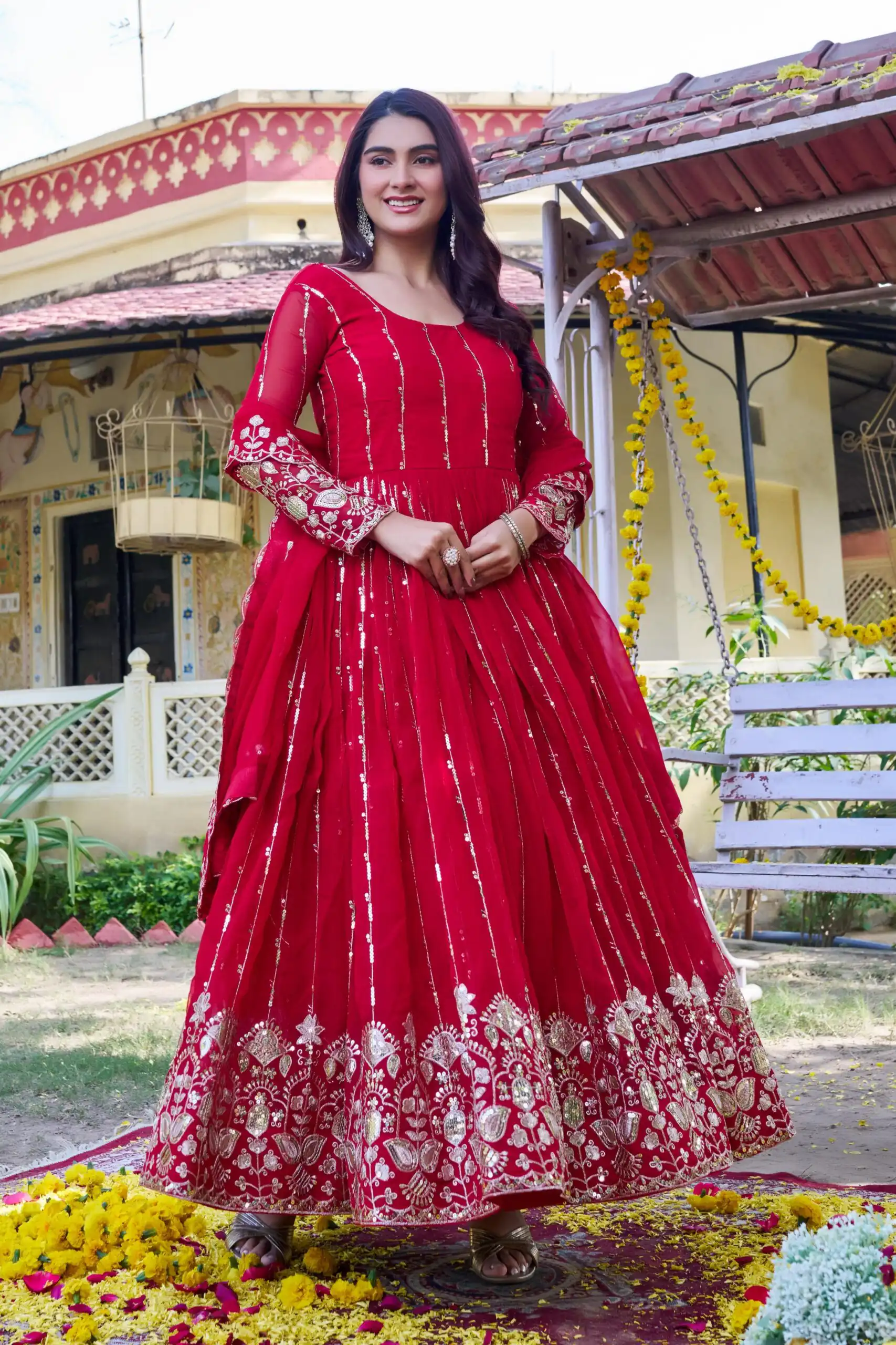 Ram 170 | Red Fox Georgette Gown with Embroidery Work & Sequins Work. Available at ₹2149 only. Delivery 4-6 Working Days. Shop now. | Gowns, Bollywood Gowns, Creative Gowns, Designer Gowns, Embroidered Gowns, Party Wear Gowns