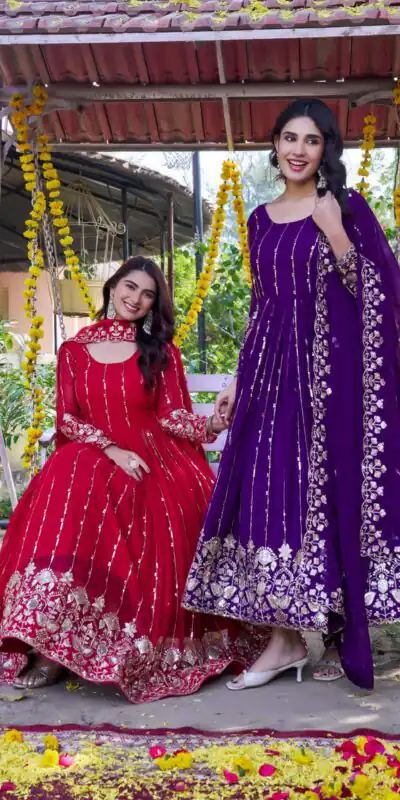 Ram 170 | Red Fox Georgette Gown with Embroidery Work & Sequins Work. Available at ₹2149 only. Delivery 4-6 Working Days. Shop now. | Gowns, Bollywood Gowns, Creative Gowns, Designer Gowns, Embroidered Gowns, Party Wear Gowns